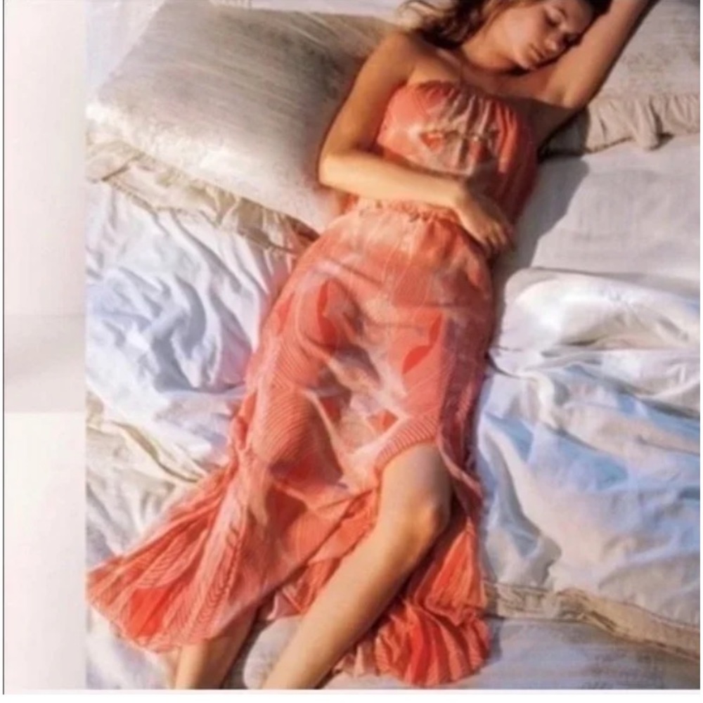 Anthropologie Leifsdottir Pleated Optic Strapless Maxi Orange Pattern Dress